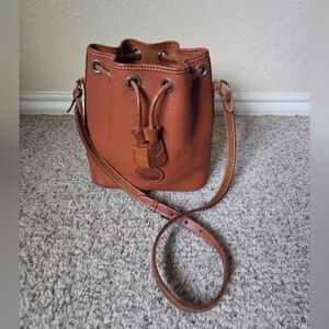 Vintage Dooney & Bourke All-Weather Leather Mini Drawstring Bucket Bag Tan
